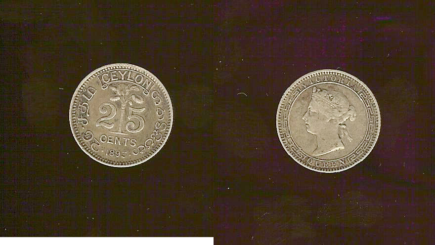 CEYLAN 25 Cents Victoria 1893 TTB